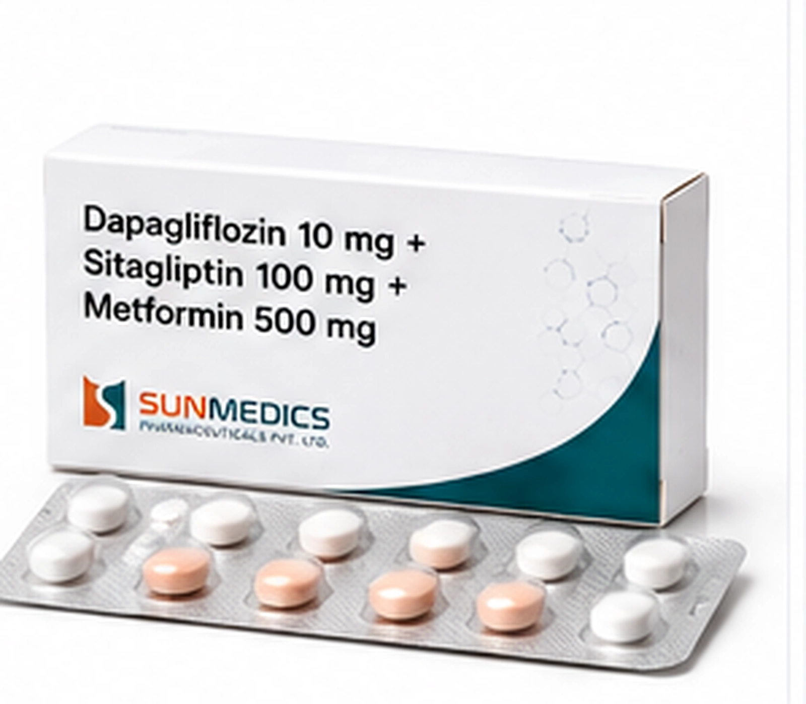 Dapagliflozin 10 mg + Sitagliptin 100 mg + Metformin 500 mg product pack illustration